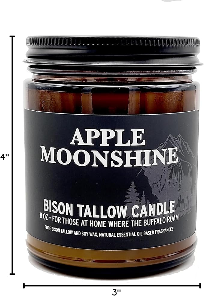 Big Crazy Buffalo Pure Bison Tallow Scented Candle, Apple Moonshine, 8 oz - Scents of Apple, Cinnamon, & Orange - Pure, Low Smoke, Beeswax, Traditional Tallow, Glass Jar