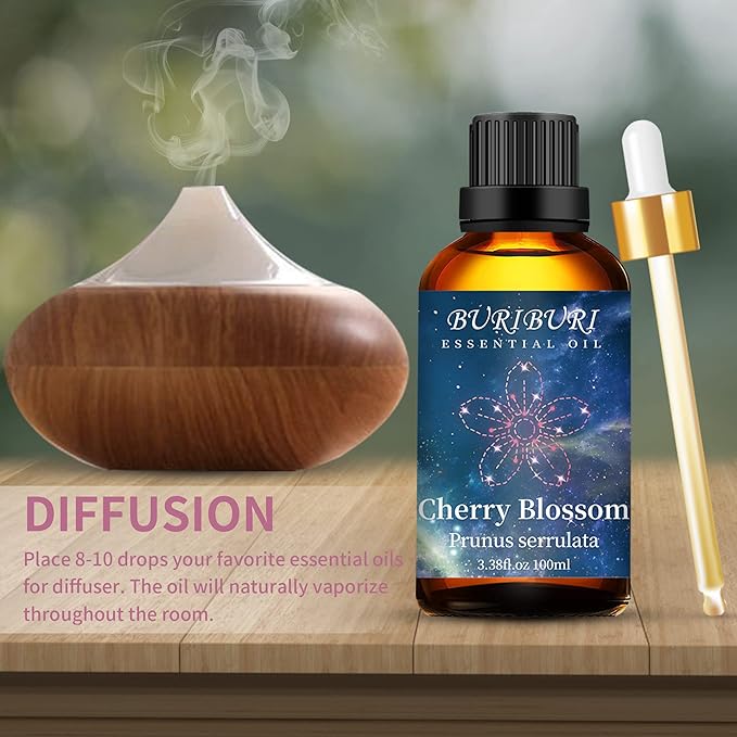 BURIBURI Cherry Blossom Essential Oil for Aromatherapy Diffuser, Skin, 100% Pure Cherry Blossom Oil 100ML for Candle, Soap, Perfume Making Cherry Fragrance Oil 3.38fl.oz