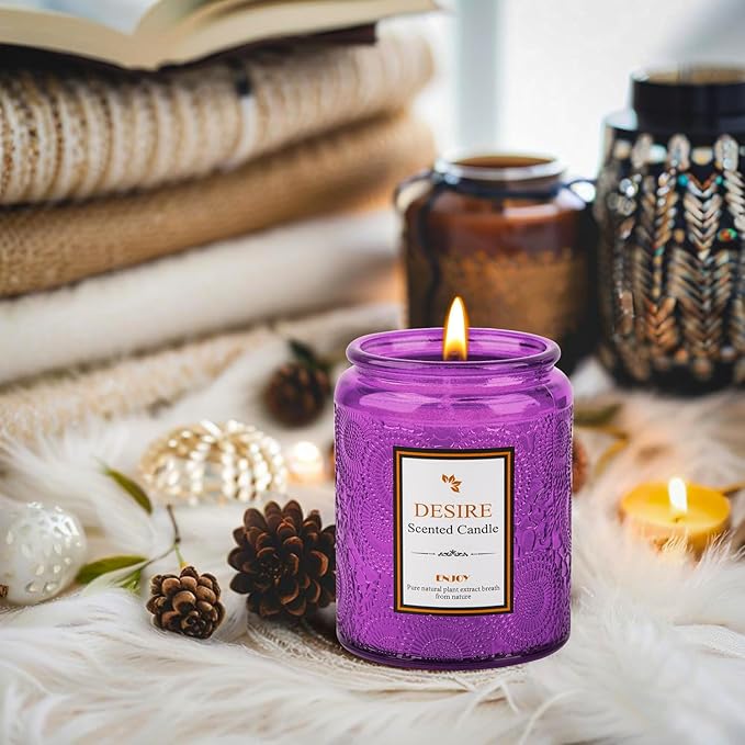 Aroma Lavender Jar Candle - 100% Natural Soy Wax - 50-Hour Burn Time | 7.5oz Soy Wax Candles | Long-Lasting | Stress Relief | Fresh Home Fragrance | Gift Set for Women (Purple Glass Bottle)