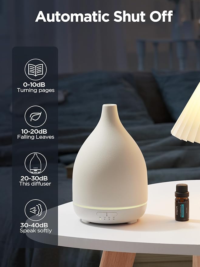InnoGear Oil Diffuser, 300ML Ceramic Diffuser for Essential Oils Handcrafted Aromatherapy Diffuser Ultrasonic Cool Mist Humidifier with 4 Timers Waterless Auto Off for Room Office, White Base