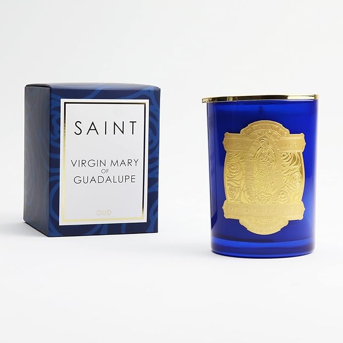 SAINT Virgin Mary of Guadalupe Scented Candle with Prayer and Prayer Coin, Soy Coconut Aromatherapy Candle with 80 Hour Burn Time, Special Edition, Blue