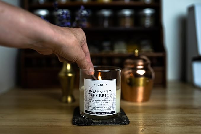 PERIPETI Home Rosemary + Tangerine Scented Candle - Wooden Wick, 8.5oz Natural Soy Wax for Energizing Aromatherapy - Long-Lasting Citrus & Herbal Fragrance for Home or Spa