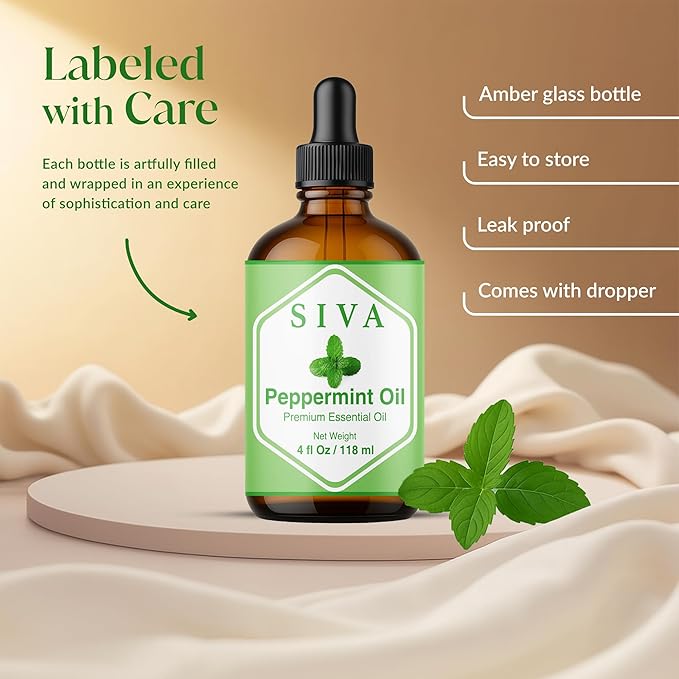 Siva Peppermint Essential Oil - 4 Fl Oz – 100% Natural Peppermint Oil - for Diffuser, Face, Skin Care, Aromatherapy, Hair Care, Scalp and Body Massage - with Dropper