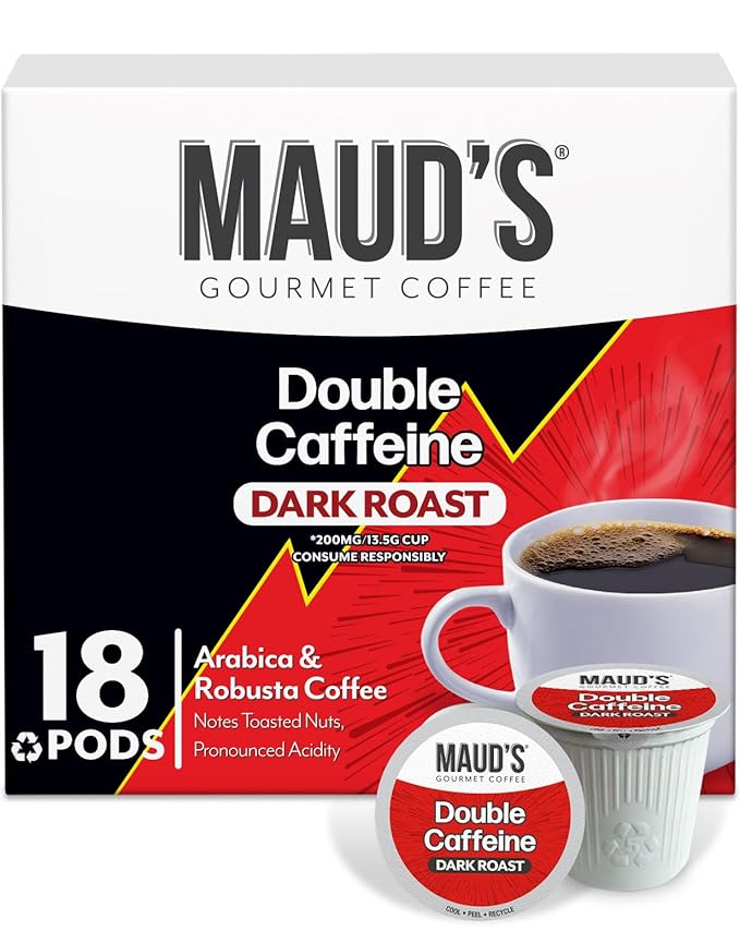 Maud's Double Caffeine Coffee Pods, 18 ct, Dark Roast Coffee in Recyclable Single Serve Pods – 100% Arabica Coffee, Compatible with Keurig K Cups Maker