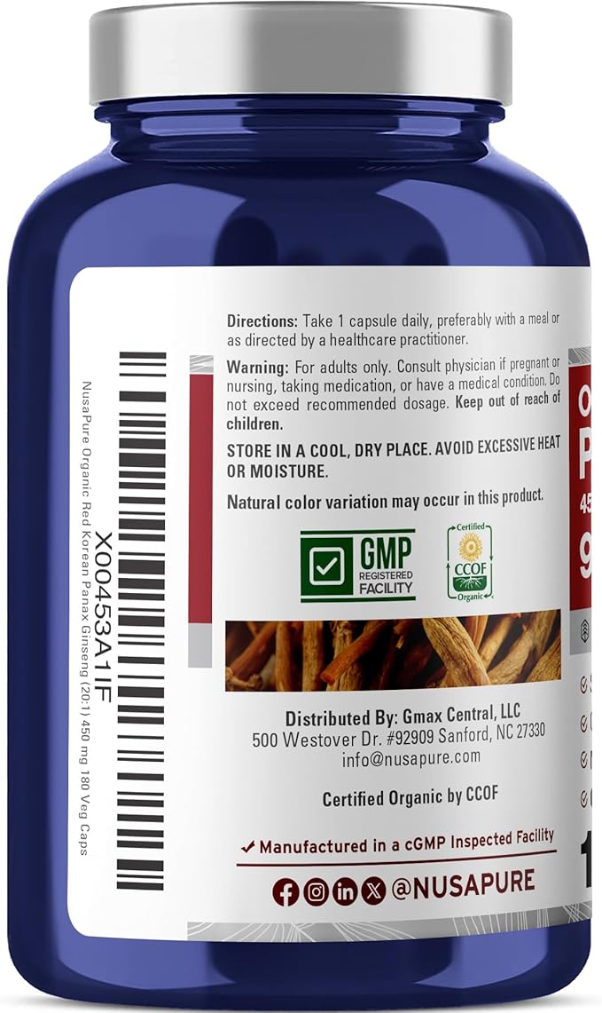 NusaPure Red Korean Panax Ginseng 20:1 Extract, 450 mg Equivalent to 9,000 mg 180 Veggie Caps (USDA Organic, Non-GMO, Vegan, Vegetarian, Bioperine)