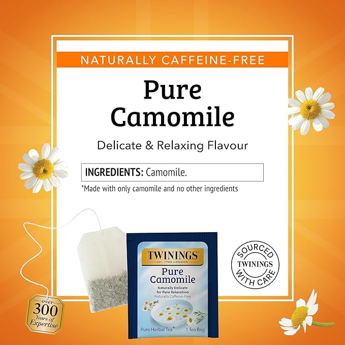 Twinings Pure Camomile Herbal Tea Individually Wrapped Bags, 25 Count (Pack of 6), Calming & Delicate, Naturally Caffeine-Free, Enjoy Hot or Iced, 150 Teabags
