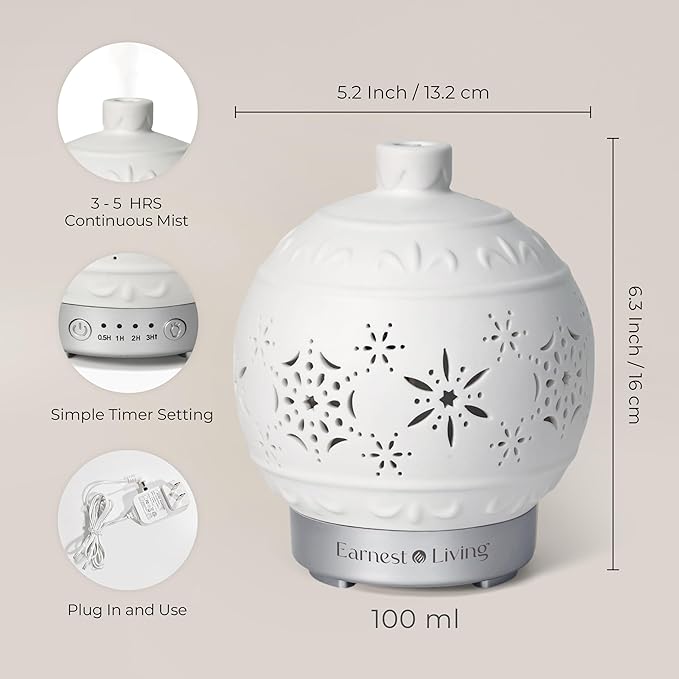 Earnest Living Christmas Ball Essential Oil Diffuser White Ceramic 100 ml Diffuser Home Décor, 7 Color Lights, Timers, Auto Off Cool Mist Humidifier Aromatherapy Diffuser
