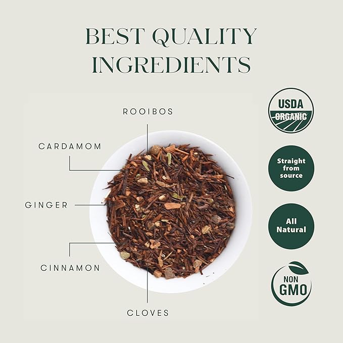 Luxmi Estates - Rooibos Chai - Organic Rooibos Tea with Spices - Loose Leaf - 100g (50 Cups), Limited Fall Tea with Cinnamon, Cardamom and Clove, Perfect for Relaxation