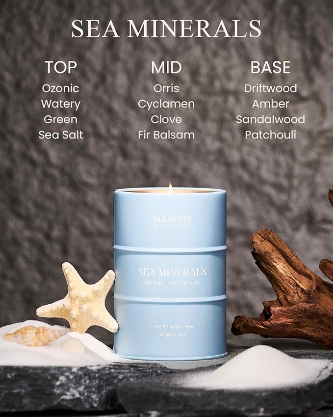 M&SENSE Sea Minerals Scented Candles Ocean Large, Natural Soy Candles 21.2oz 120 Hour Slow Burning,Coconut Candles for Stress Relief Meditation Relaxing,Summer Soy Candle.