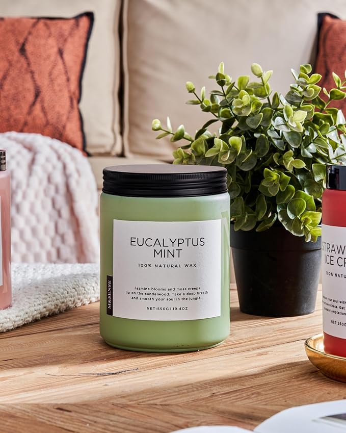M&SENSE Eucalyptus & Mint Candles for Home Scented, 19.4oz 110 Hours Burn Soy Aromatherapy Candle Gift for Stress Relief, Meditation, Yoga, Relaxing SPA, Natural Soy Wax for Men and Women
