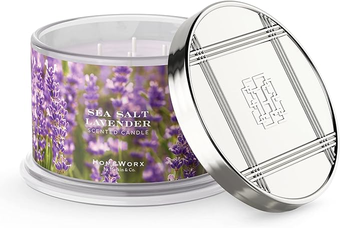 HomeWorx by SLATKIN + CO. Candle- Sea Salt Lavender, 18 oz. 4-Wick Premium Scented Candle - 30-55 Hours Burn Time