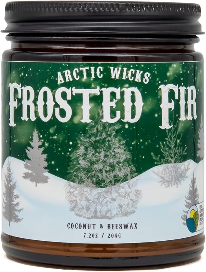 Arctic Wicks Scented Coconut Beeswax Candles | Coconut Beeswax Non Toxic Candle 9oz Amber | Farmhouse Candles Non-Toxic Clean Burn 100% USDA Certified Biobased (Frosted Fir - Fraiser Fir Tree)