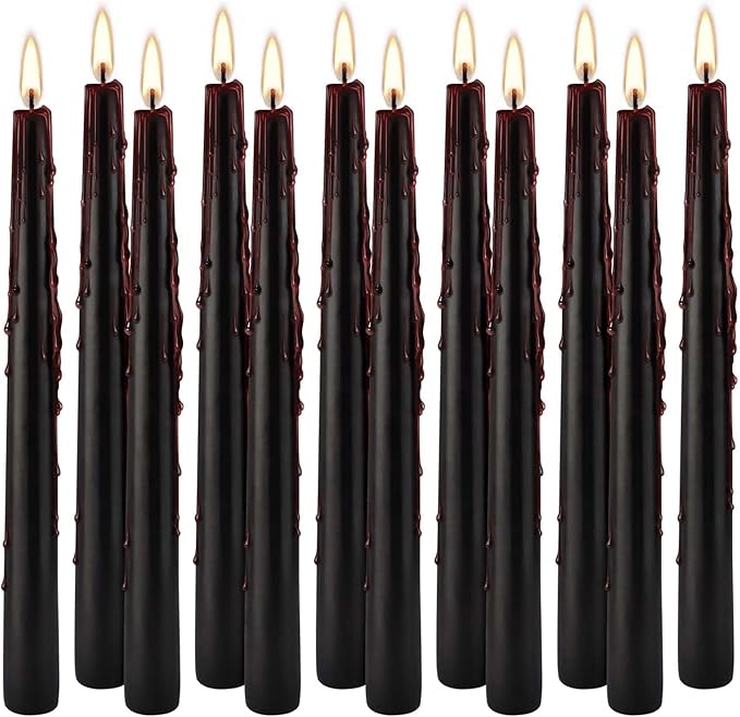 12PCS 10-Inch Black Bleeding Taper Candles,Vampire Tears Taper Candles- Unscented Candle Pack Ideal for Halloween, Christmas, Rituals, and Themed Party Decor.