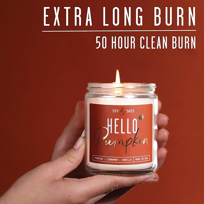 Pumpkin Spice Candle, Fall Candles - 'Hello Pumpkin' Pumpkin Candle I Infused w/Essential Oils I Autumn Scented Soy Candles for Home I Fall Home Décor I 9oz Reusable Jar, 50Hr Burn, Made in USA