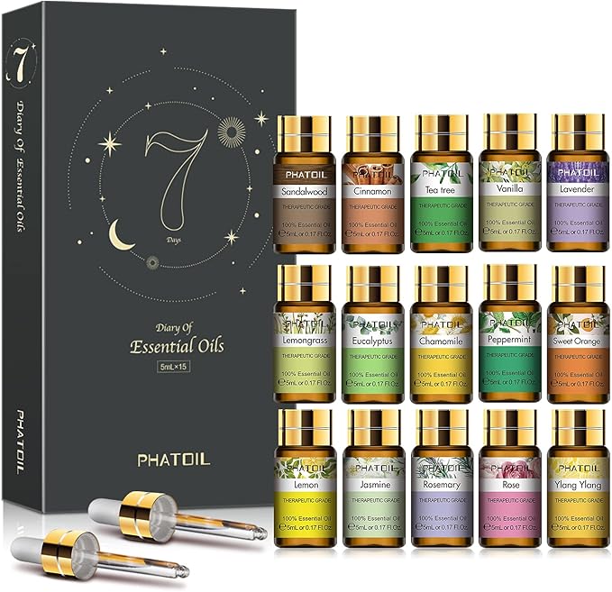 PHATOIL Essential Oils Gift Set 15 x 5ml, Pure Essential Oil Aromatherapy Oil for Skin Care, Hair Care, Bath, Ideal for Humidifier, Diffuser, Relax