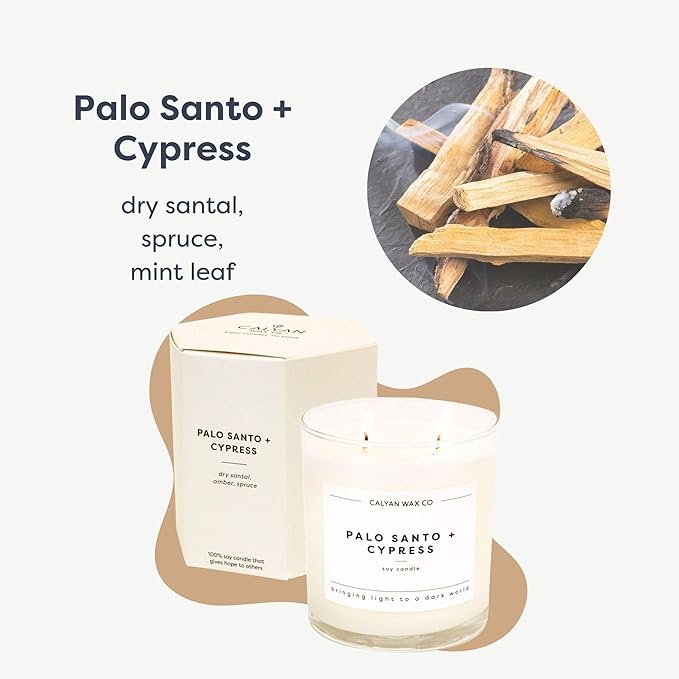 Calyan Wax Co. Palo Santo & Cypress 2 Wick Scented Candle - 37 Hour Burn - Luxury Non Toxic Soy Wax Candles - Long Lasting Large Glass Jar Candle for Home - 8.8oz