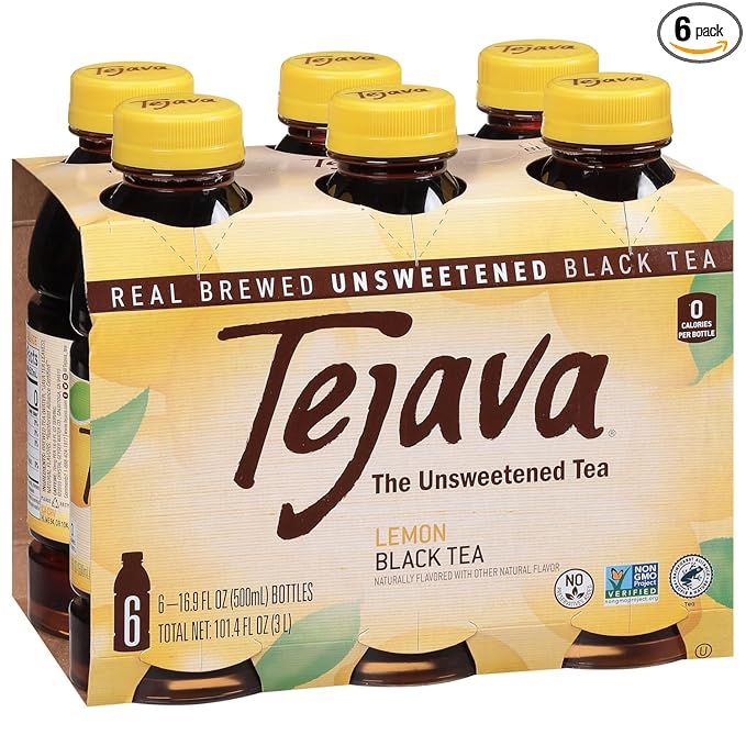 Tejava Lemon Black Iced Tea, 6 Pack, 16.9oz PET Bottles, Unsweetened, Non-GMO, Kosher, No Sugar or Sweeteners, No calories, No Preservatives, Brewed in Small Batches