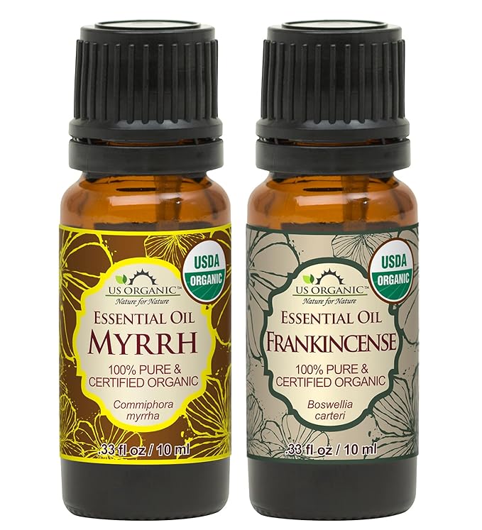 US Organic 100% Pure Myrrh, Frankincense Essential Oil Combo Pack - Directly sourced from The Horn of Africa - USDA Certified Organic - Use Topically or in Diffuser (10 ml Combo)