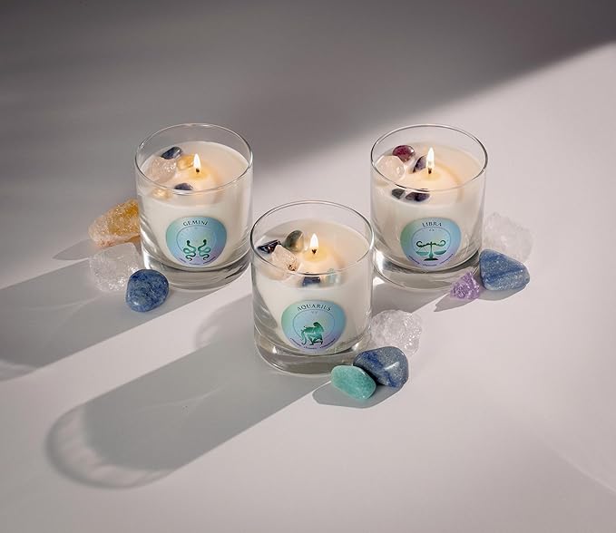 Luxury Glass Jar Candle, Gemini Zodiac Sign, 8.8 oz - Crystal Infused - Scents of Ozone, Jasmine, Moss & Wood - Made in USA, Hand Poured, Coconut-Soy Wax, Essential Oils, Dr. Developed