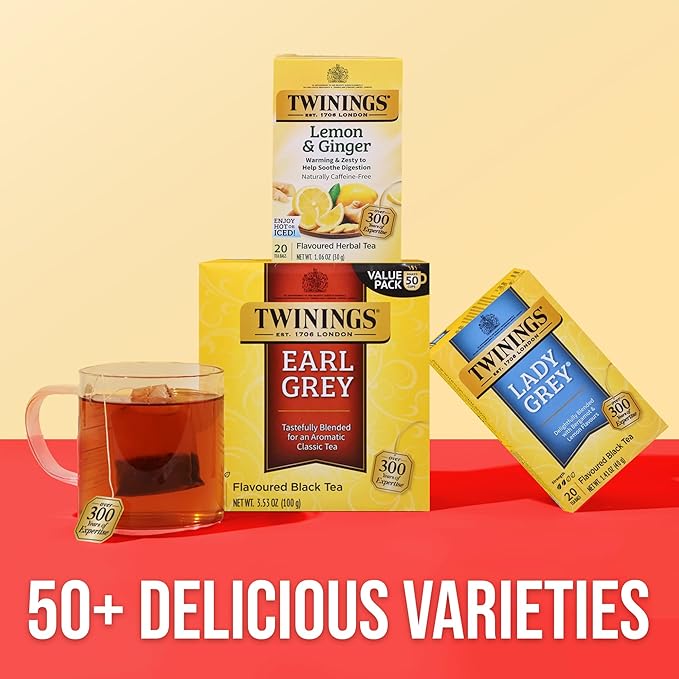 Twinings Earl Grey Black Tea Individually Wrapped Bags, 50 Count (Pack of 6), Flavoured with Citrus and Bergamot, Caffeinated, Enjoy Hot or Iced, 300 Teabags