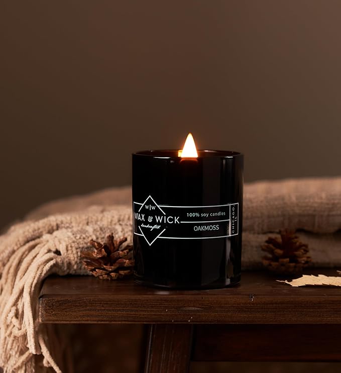 Wax and Wick 12oz Scented Candle for Men, 100% Soy Wax, Double Wood Wick, Black Jar, Oakmoss Scent, Long Lasting, Masculine Scents, Perfect for Home, Mancave, Bachelor Pad, Men's Gift - Made in USA
