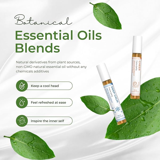 Essential Oil Set (Deep Calm, Cheer, ClearMind), Aromatherapy Roll On Blends for Massage, Body Care & Home Use, Great Fragrance Roller Gift for Men & Women