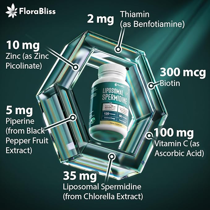 FloraBliss 35mg Spermidine Supplement from Chlorella with Thiamin, Zinc, Biotin, & Vitamin C | 120 Capsules | Gluten-Free for Cellular Renewal, Healthy Aging & Vitality Support | 60-Day Supply