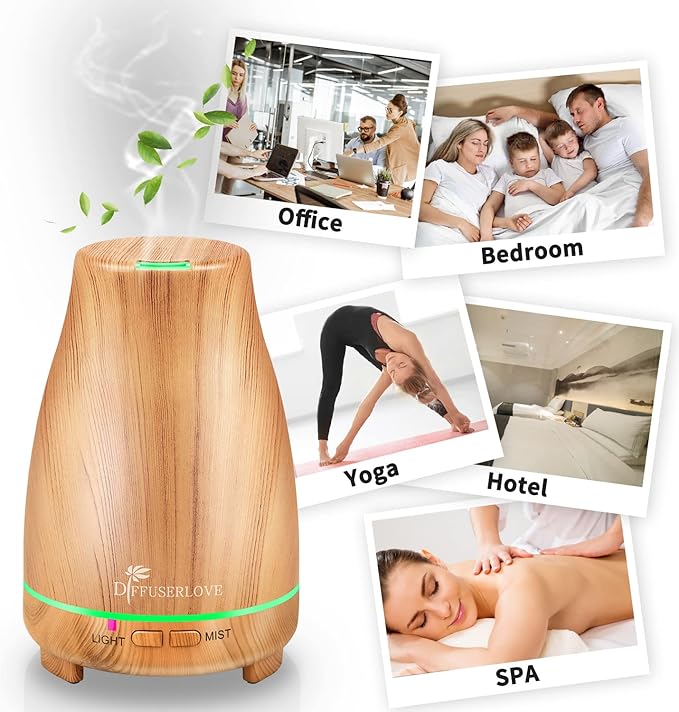 Diffuserlove Essential Oil Diffusers 200ML Diffuser Remote Control Aromatherapy Diffuser with 7 Color Lights, Auto Shut-Off for Bedroom Office Kitchen (Yellow Wood Grain)