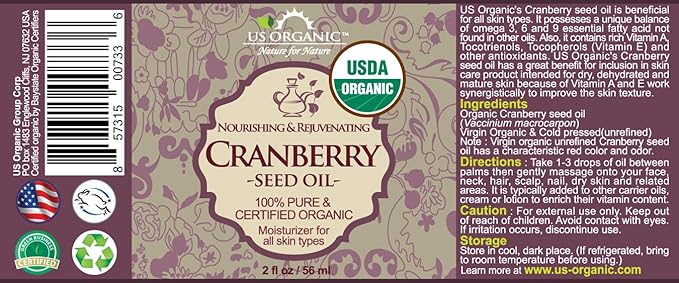 US Organic Cranberry Seed Oil, USDA Certified Organic,100% Pure & Natural, Cold Pressed Virgin, Unrefined in Amber Glass Bottle w/Glass Eyedropper for Easy Application (2 oz (56 ml))