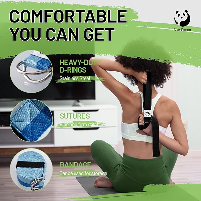 Slim Panda Yoga Strap for Stretching,Cotton Yoga Strap with Adjustable D-Ring Buckle,Non-Elastic Yoga Belt for Pilates,Gym Workouts,Physical Therapy,Improve Flexibility