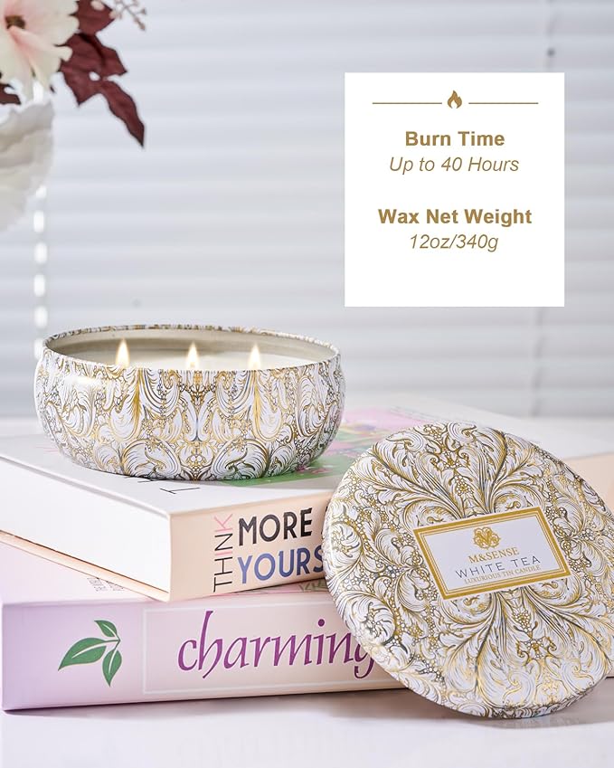 M&SENSE White Tea Scented Candles, Large 3 Wick Soy Tin Candle, Over 40 Hour Burning Time, 100% Natural Vegan Wax, Relaxing Aromatherapy Aesthetic Candle Gift for Women Men