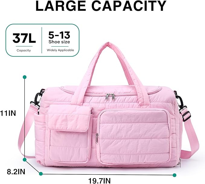Quilted Gym Bag for Women, Cute Travel Duffel Bag with Shoe Compartment & Wet Pocket, Lightweight Puffer Weekender Overnight Bag, Travel Carry On for Sport, Hospital, Yoga