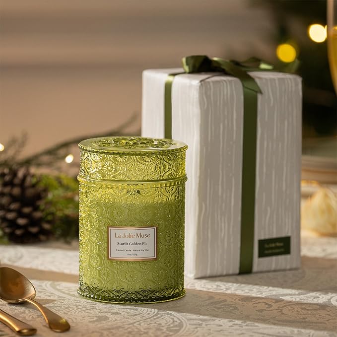 LA JOLIE MUSE Christmas Candle | Starlit Golden Fir | Pine, Cedarwood & Fir Balsam | 19 oz Large Wooden Wick Soy Candle | 90 Hours Clean Burn | Gift-Ready for Christmas & Winter Gatherings