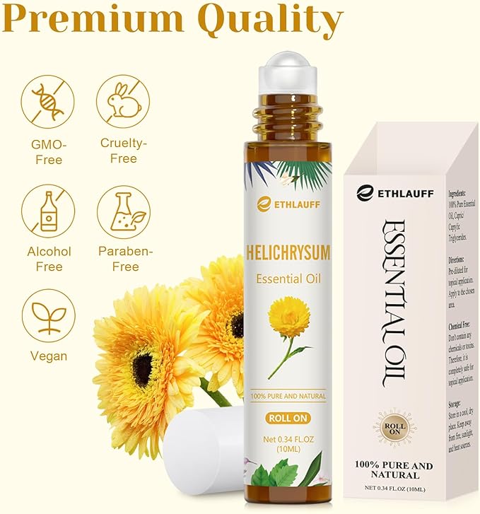 Helichrysum Essential Oil Roll On, 100% Pure Aromatherapy for Skin Vitality & Anti-Aging,Aromatherapy, Skin Care, Happy, Stress Relief