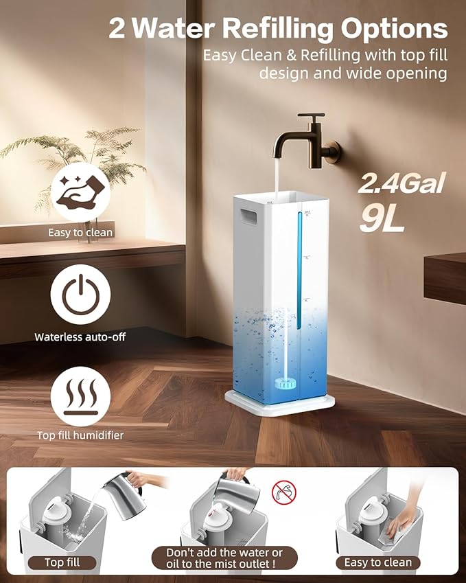 Cool Mist Humidifiers for Bedroom, Ultrasonic 2.4Gal 9L Quiet Top-Fill, Easy Clean with Essential Oil Tray, 360°Nozzle, 4 Speed, Remote, 60H Runtime, for Baby, Adults, Plants, Home, House, Large Room