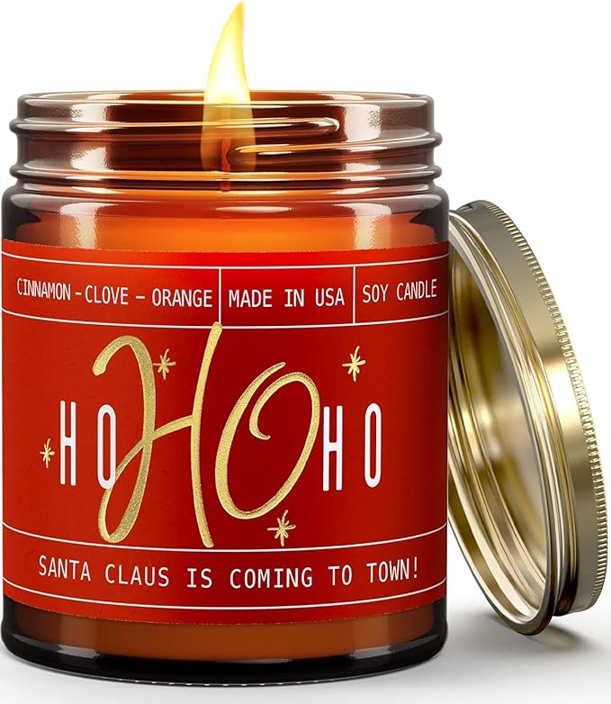 Christmas Candles for Holiday - 'Ho Ho Ho' Christmas Scented Candles, w/Clove, Orange & Cinnamon Candle I Stocking Stuffers for Women I 9oz Reusable Jar, 50Hr Burn, USA Made