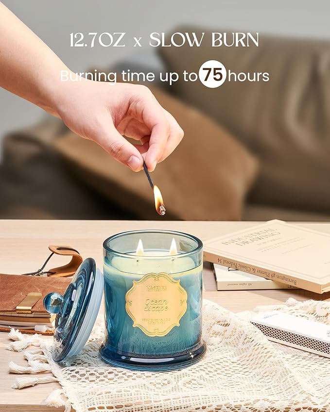 M&SENSE Summer Ocean Scented Candles for Home, Organic Soy Candles Non Toxic, Relaxing Aromatherapy Candles for Bath Spa, 2 Wick 12.7oz Large Candle 75 Hour Long Lasting Slow Burning