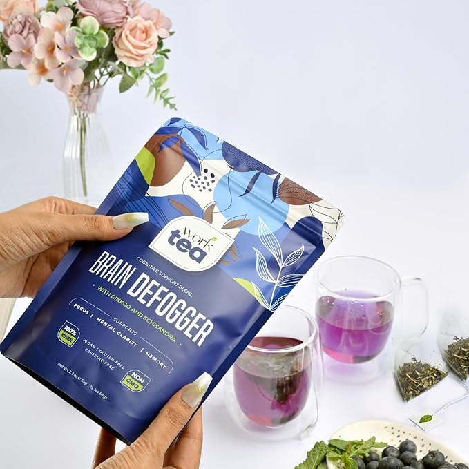 Brain Defogger Herbal Tea Bags • Supports Memory & Focus • With Ginkgo Biloba, Hibiscus & Blue Butterfly Pea Flower • Refreshing, Tangy, & Caffeine-Free • 100% Natural (25 Pyramid Tea Bags)