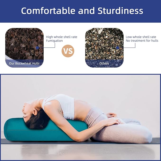 FelizMax Organic Buckwheat Bolster (24X10.5X5.5 in) Supportive Rectangular Meditation Pillow 100% Cotton Cover Yoga Pillow