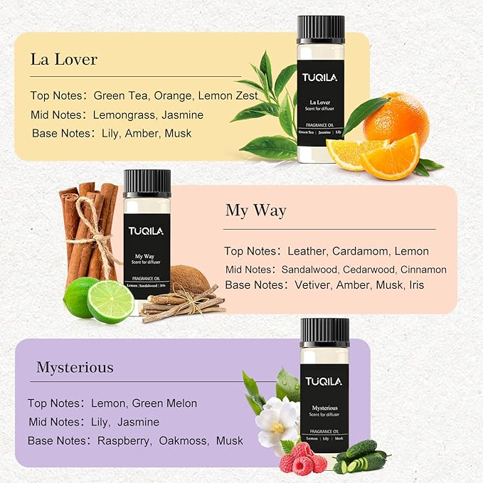 Hotel Luxury Waterless Diffuser Essential Oil Set(10x 20mL), Aroma Scent Oils My Way, Mysterious, Oud Wood, Candy Mints, Bergamot Usage Cold Air Diffuser Aromatherapy Home, Car, Office