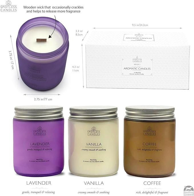 Aromatic Candles Three Pack - 3 x 8 oz Cotton Wick Candles Coloured Fosted Jars - Vanilla, Lavender and Coffee