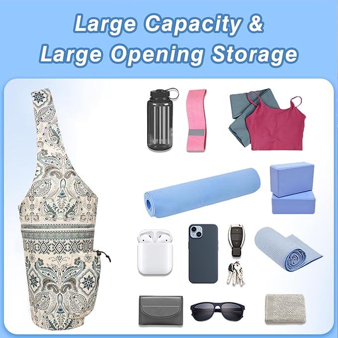Yoga Mat Bag - Large Opening Long Tote Yoga Mat Carrier Holder Bag with Waterproof Wet Zipper Pocket and Drawstring Water Bottle Pocket - Yoga Bag Fit Most Size Mats