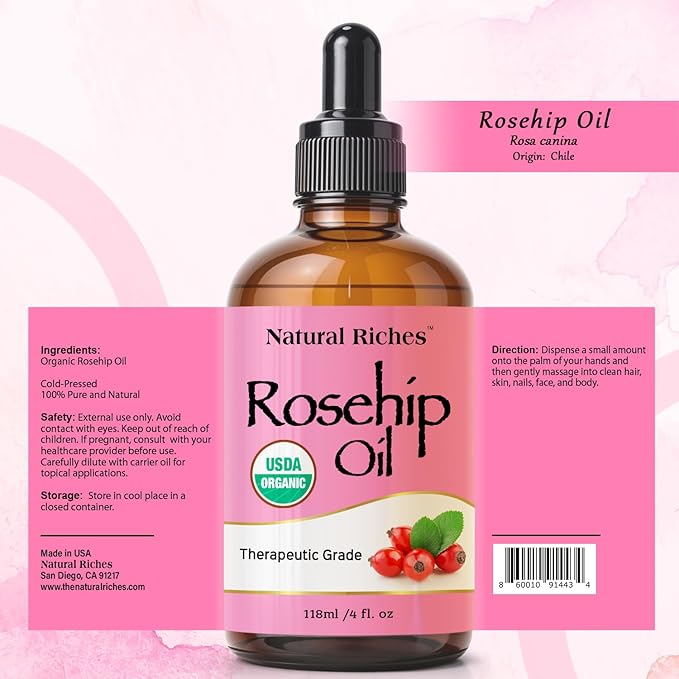 Natural Riches Organic Rosehip Seed Oil for Face 100% Pure Natural Cold Pressed Unrefined Non-GMO Carrier Oil for Skin Hair & Nails. 4 fl oz.