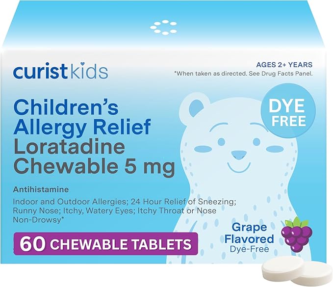 Curist Children's Allergy Medicine Chewable (Kids Loratadine 5mg) 60 Count Grape Flavor - 24 Hour Allergy Relief for Sneezing, Runny Nose, Itchy Eyes & Throat - Kids Allergy Medicine Chewable Tablets