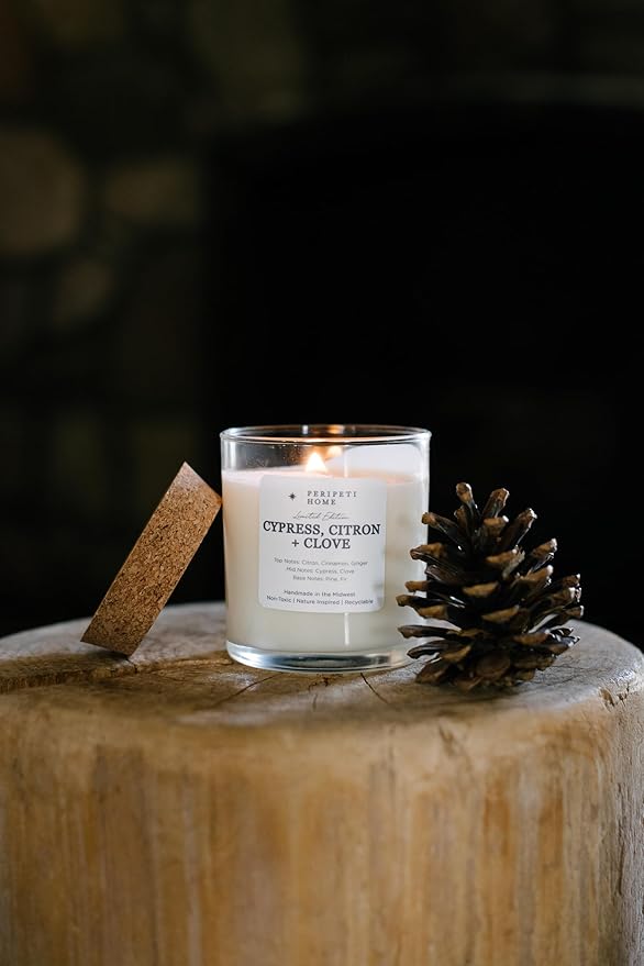 PERIPETI Home Cypress, Citron + Clove Scented Candle – 8.5oz Wooden Wick, Natural Soy Wax, Long-Lasting Burn for Cozy Holiday Aromatherapy