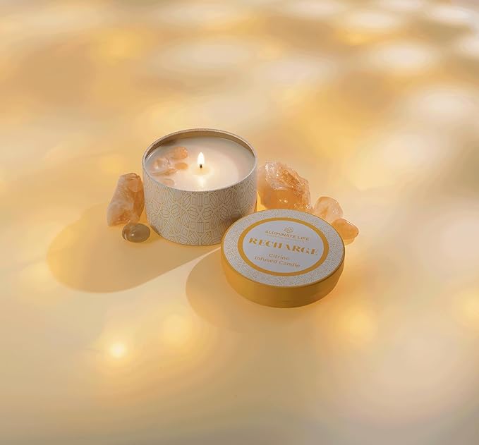 Luxury Candle Tin, 6 OZ, Recharge - Citrine Crystal Infused - Scents of Lemongrass, Geranium, and Basil - Happiness, Manifestation, & Abundance - Coconut Wax, Essential Oils