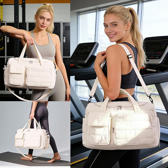 Quilted Gym Bag for Women, Cute Travel Duffel Bag with Shoe Compartment & Wet Pocket, Lightweight Puffer Weekender Overnight Bag, Travel Carry On for Sport, Hospital, Yoga