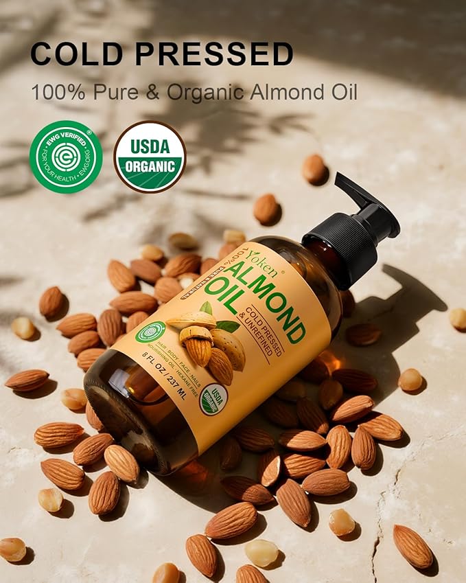 Organic Almond Oil 8 fl oz, USDA 100% Pure Natural Cold Pressed Almond Oils in Glass Bottle, Moisturizing Carrier Oil for Face, Hair & Body - Ideal for Skin Care, Soothing Massage & DIY Beauty