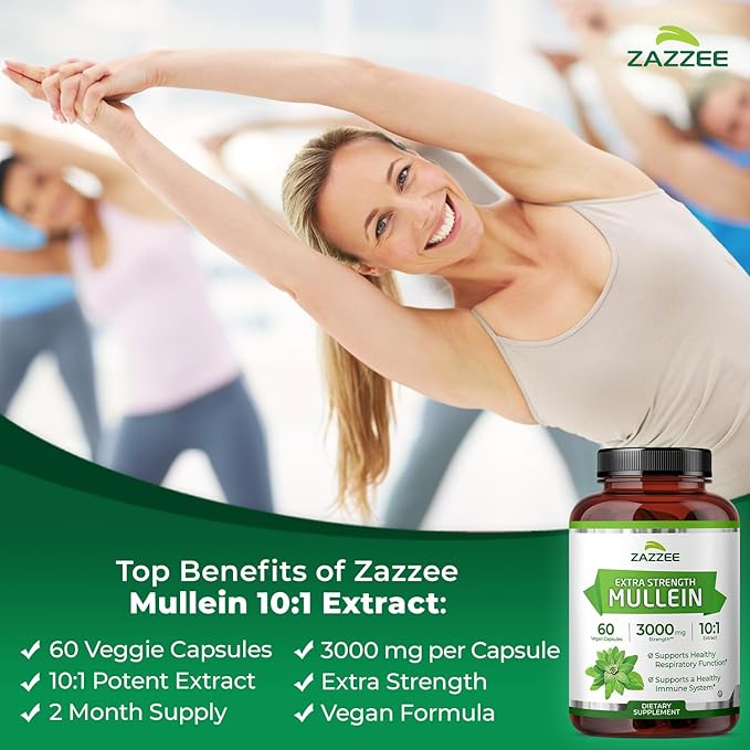 Zazzee Extra Strength Mullein 10:1 Extract, 3000 mg Strength, 60 Vegan Capsules, 2 Month Supply, Standardized 10X Extract, 100% Pure Leaf Powder, All-Natural and Non-GMO, Made in The USA