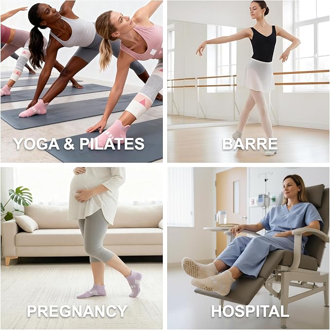musesox 4 Pairs Non-Slip Pilates Socks for Women with grips,Grippy Ankle Socks for Yoga,Barre,Hospital,Gym,Dance
